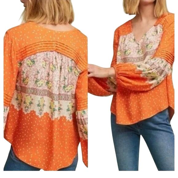 Maeve by Anthropologie Blouse  Orange Floral Sz large Long sleeve Boho cottage - Picture 3 of 8